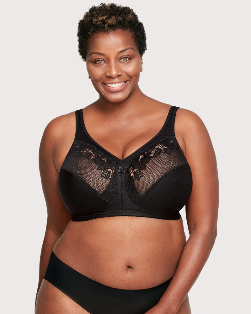 Front of a model wearing a size 44C MagicLift Minimizer Bra in Black by Glamorise. | dia_product_style_image_id:262747